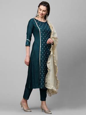 Indo Era Teal Embroidred A - Line Kurta Traouser With Dupatta Set 4