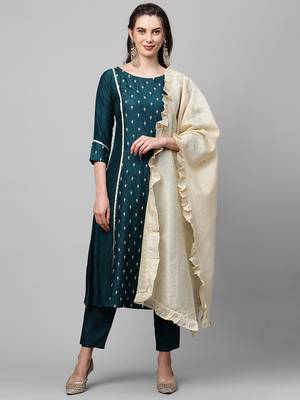 Indo Era Teal Embroidred A - Line Kurta Traouser With Dupatta Set 5