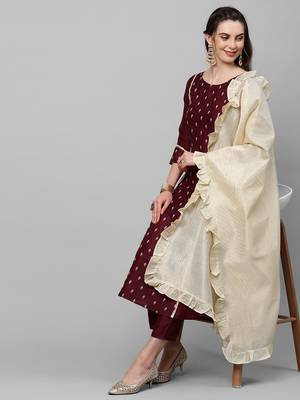 Indo Era Wine Embroidred A - Line Kurta Trouser With Dupatta 1