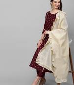 Indo Era Wine Embroidred A - Line Kurta Trouser With Dupatta