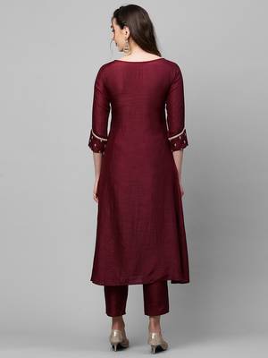 Indo Era Wine Embroidred A - Line Kurta Trouser With Dupatta 2