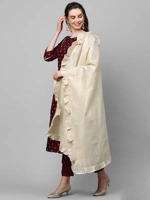 Indo Era Wine Embroidred A - Line Kurta Trouser With Dupatta 3