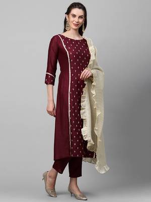Indo Era Wine Embroidred A - Line Kurta Trouser With Dupatta 4