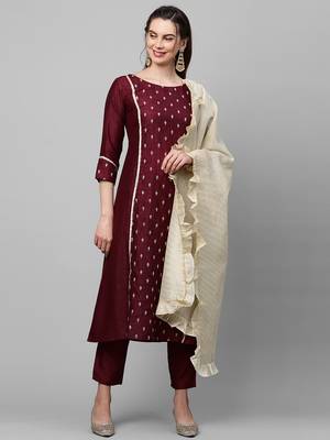 Indo Era Wine Embroidred A - Line Kurta Trouser With Dupatta 5