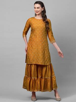 Indo Era Mustard Embroidred Straight Kurta Sharara Set 1
