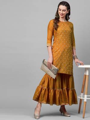 Indo Era Mustard Embroidred Straight Kurta Sharara Set 4