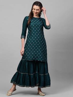 Indo Era Teal Embroidred Straight Kurta Sharara Set 1