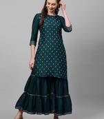 Indo Era Teal Embroidred Straight Kurta Sharara Set