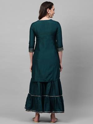 Indo Era Teal Embroidred Straight Kurta Sharara Set 2