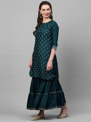Indo Era Teal Embroidred Straight Kurta Sharara Set 3