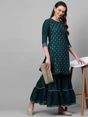 Indo Era Teal Embroidred Straight Kurta Sharara Set 4