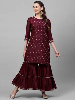 Indo Era Wine Embroidred Straight Kurta Sharara Set 1