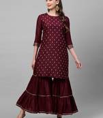 Indo Era Wine Embroidred Straight Kurta Sharara Set