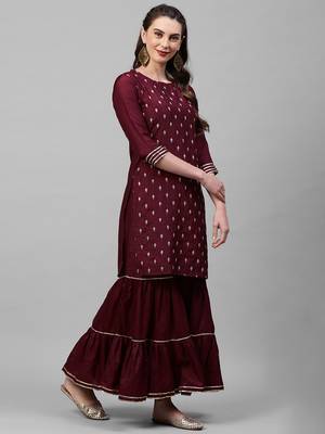 Indo Era Wine Embroidred Straight Kurta Sharara Set 3