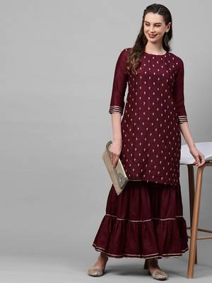 Indo Era Wine Embroidred Straight Kurta Sharara Set 4