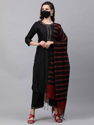 Indo Era Black Solid Straight Kurta Palazzo Dupatta with Mask Set 1