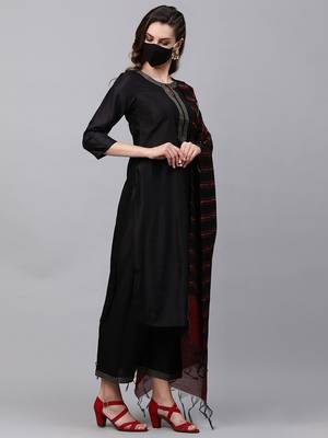 Indo Era Black Solid Straight Kurta Palazzo Dupatta with Mask Set 3