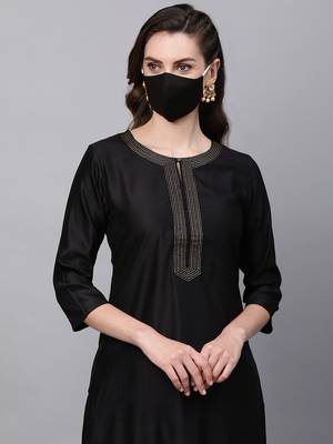 Indo Era Black Solid Straight Kurta Palazzo Dupatta with Mask Set 5