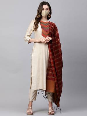 Indo Era Cream Solid Straight Kurta Palazzo Dupatta with Mask Set 1
