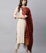 Indo Era Cream Solid Straight Kurta Palazzo Dupatta with Mask Set