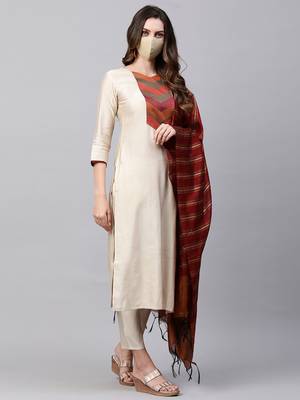 Indo Era Cream Solid Straight Kurta Palazzo Dupatta with Mask Set 3