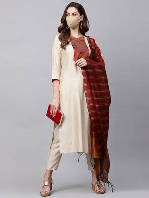 Indo Era Cream Solid Straight Kurta Palazzo Dupatta with Mask Set 4