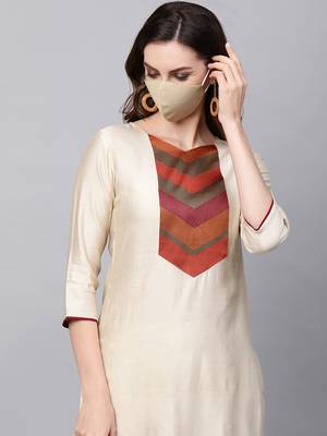 Indo Era Cream Solid Straight Kurta Palazzo Dupatta with Mask Set 5
