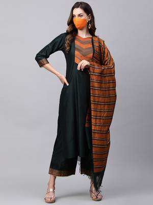 Indo Era Green Solid Straight Kurta Palazzo Dupatta with Mask Sets 1