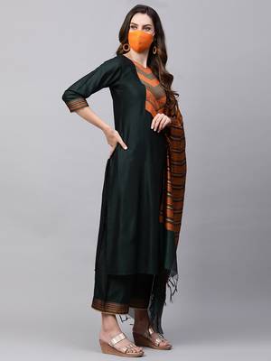 Indo Era Green Solid Straight Kurta Palazzo Dupatta with Mask Sets 3