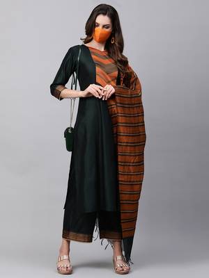 Indo Era Green Solid Straight Kurta Palazzo Dupatta with Mask Sets 4