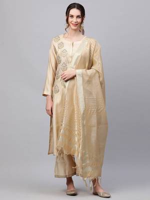 Indo Era Begie Embroidred Straight Kurta Palazzo With Dupatta set 1