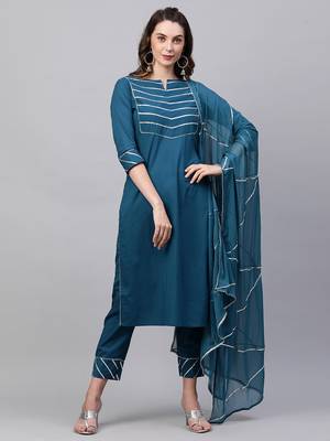 Indo Era Teal Solid Straight Kurta Trouser With Dupatta Set 1