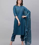 Indo Era Teal Solid Straight Kurta Trouser With Dupatta Set
