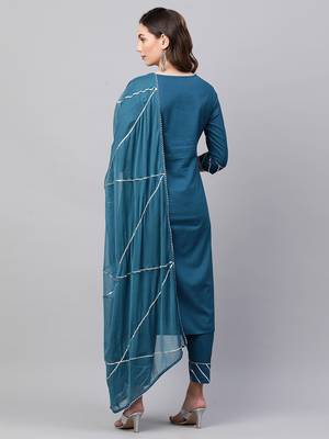 Indo Era Teal Solid Straight Kurta Trouser With Dupatta Set 2