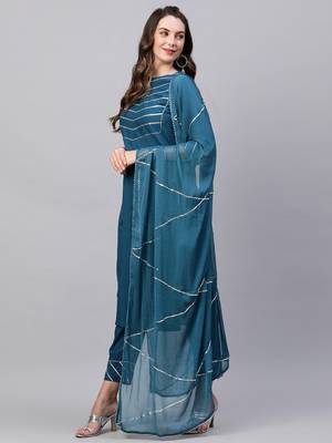 Indo Era Teal Solid Straight Kurta Trouser With Dupatta Set 3