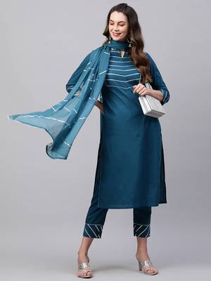 Indo Era Teal Solid Straight Kurta Trouser With Dupatta Set 4
