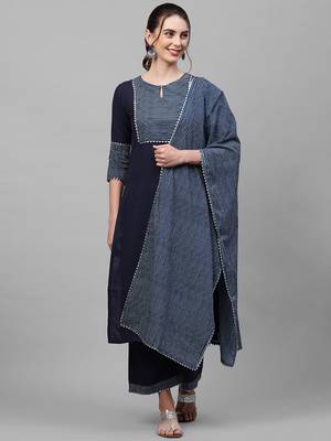 Indo Era Nevy Blue Solid Straight Kurta Palazzo With Dupatta Set 1