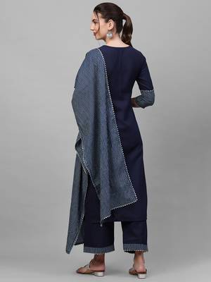 Indo Era Nevy Blue Solid Straight Kurta Palazzo With Dupatta Set 2