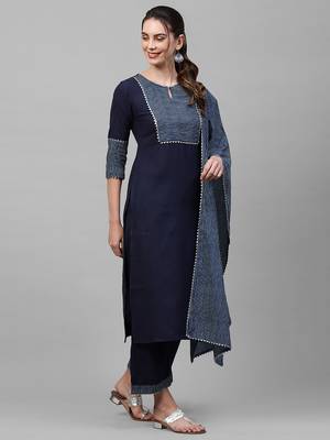 Indo Era Nevy Blue Solid Straight Kurta Palazzo With Dupatta Set 3