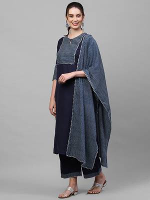 Indo Era Nevy Blue Solid Straight Kurta Palazzo With Dupatta Set 4