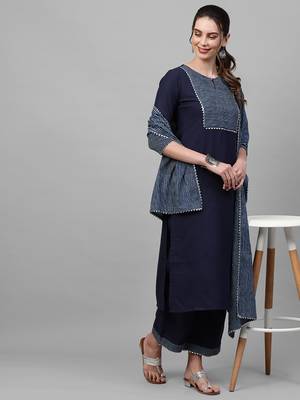 Indo Era Nevy Blue Solid Straight Kurta Palazzo With Dupatta Set 5