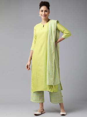 Indo Era Green Solid Straight Kurta Palazzo With Dupatta Set 1
