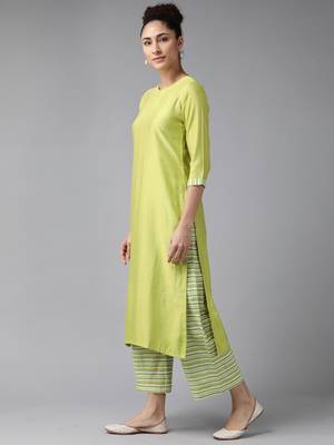 Indo Era Green Solid Straight Kurta Palazzo With Dupatta Set 3
