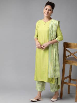 Indo Era Green Solid Straight Kurta Palazzo With Dupatta Set 4