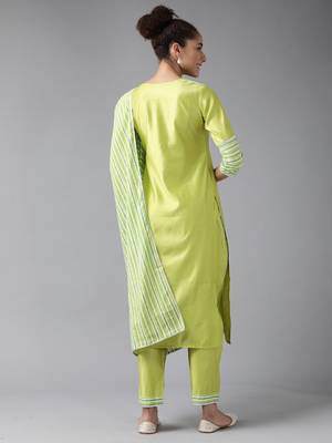 Indo Era Green Solid Straight Kurta Palazzo With Dupatta Set 2