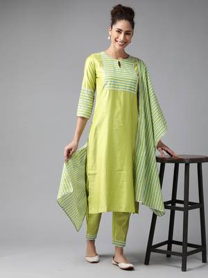 Indo Era Green Solid Straight Kurta Palazzo With Dupatta Set 4
