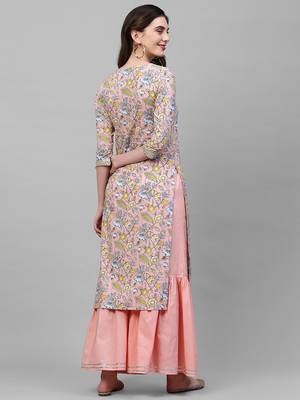 Indo Era Pink Floral Printed Straight Kurta Sharara Set 2