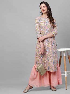 Indo Era Pink Floral Printed Straight Kurta Sharara Set 4