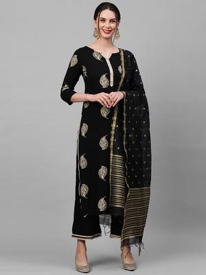 Indo Era Black Foil Floral Printed Straight Kurta Palazzo with Dupatta Set 1