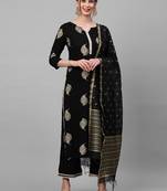 Indo Era Black Foil Floral Printed Straight Kurta Palazzo with Dupatta Set